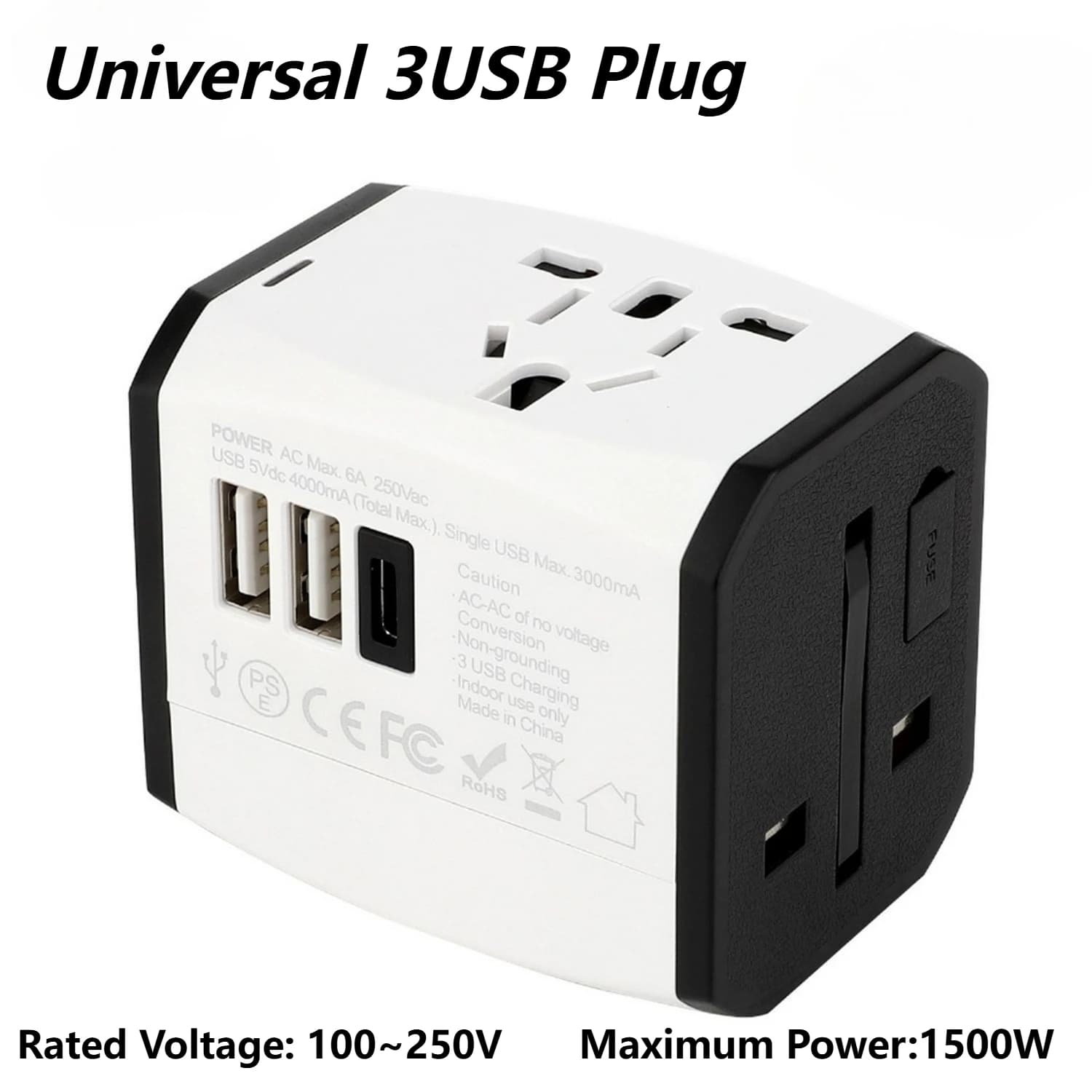 Adattatore da viaggio universale internazionale da 100-250 V Adattatore da viaggio Stazione di ricarica da viaggio 3USB Adattatore da spina internazionale UK AU EU US