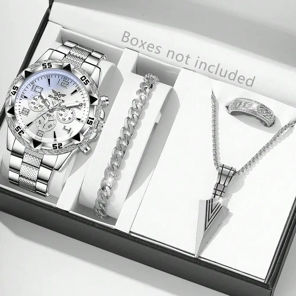 4PCS Silver Men's Fashion Casual Mixed Scale Dial Quartz Watch Bracelet Necklace Ring Set Suitable for Daily Wear Decoration