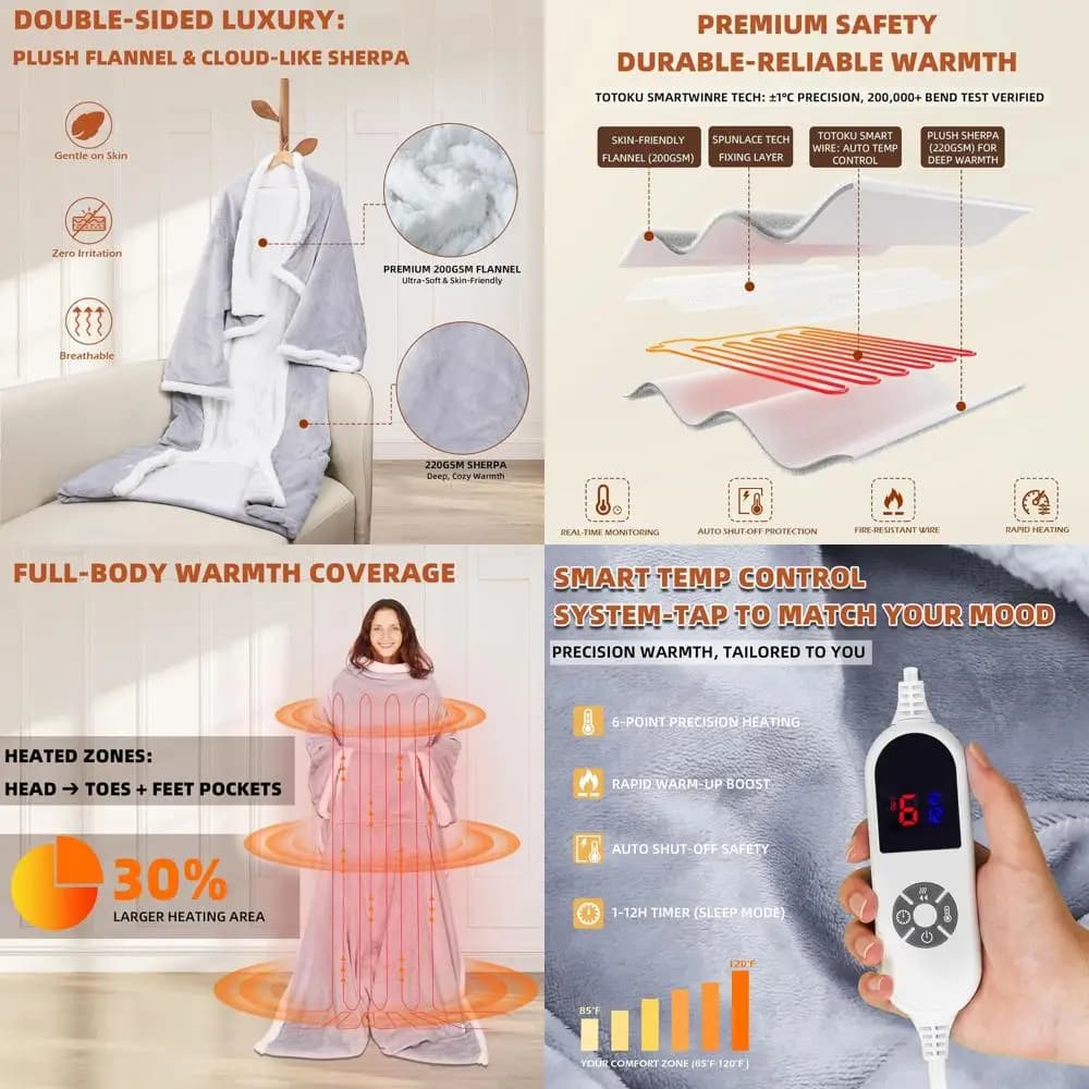 Coperta riscaldata elettrica con maniche e tasca per i piedi, 6 livelli di calore, 70x50, morbida flanella e Sherpa, grigia