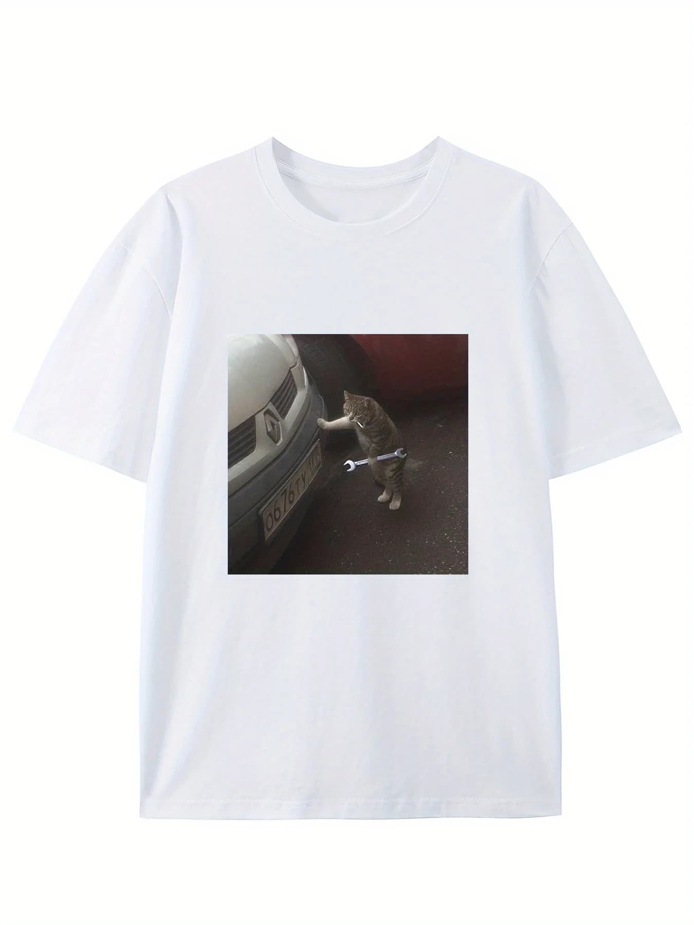 T-shirt da uomo in cotone con grafica gatto, girocollo, manica corta, traspirante, lavabile in lavatrice, per l'estate