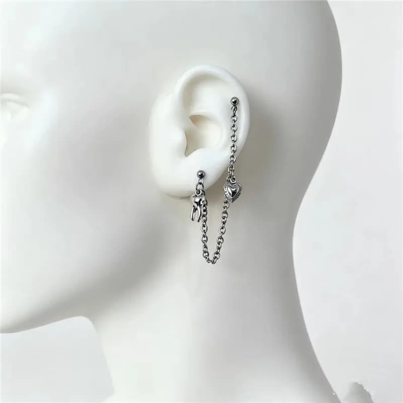 Unique Cute Tooth Earrings Minimalist Style Double Ear Hole Ear Chain Angel Wings Heart Lock Key Ear Studs for Men and Women