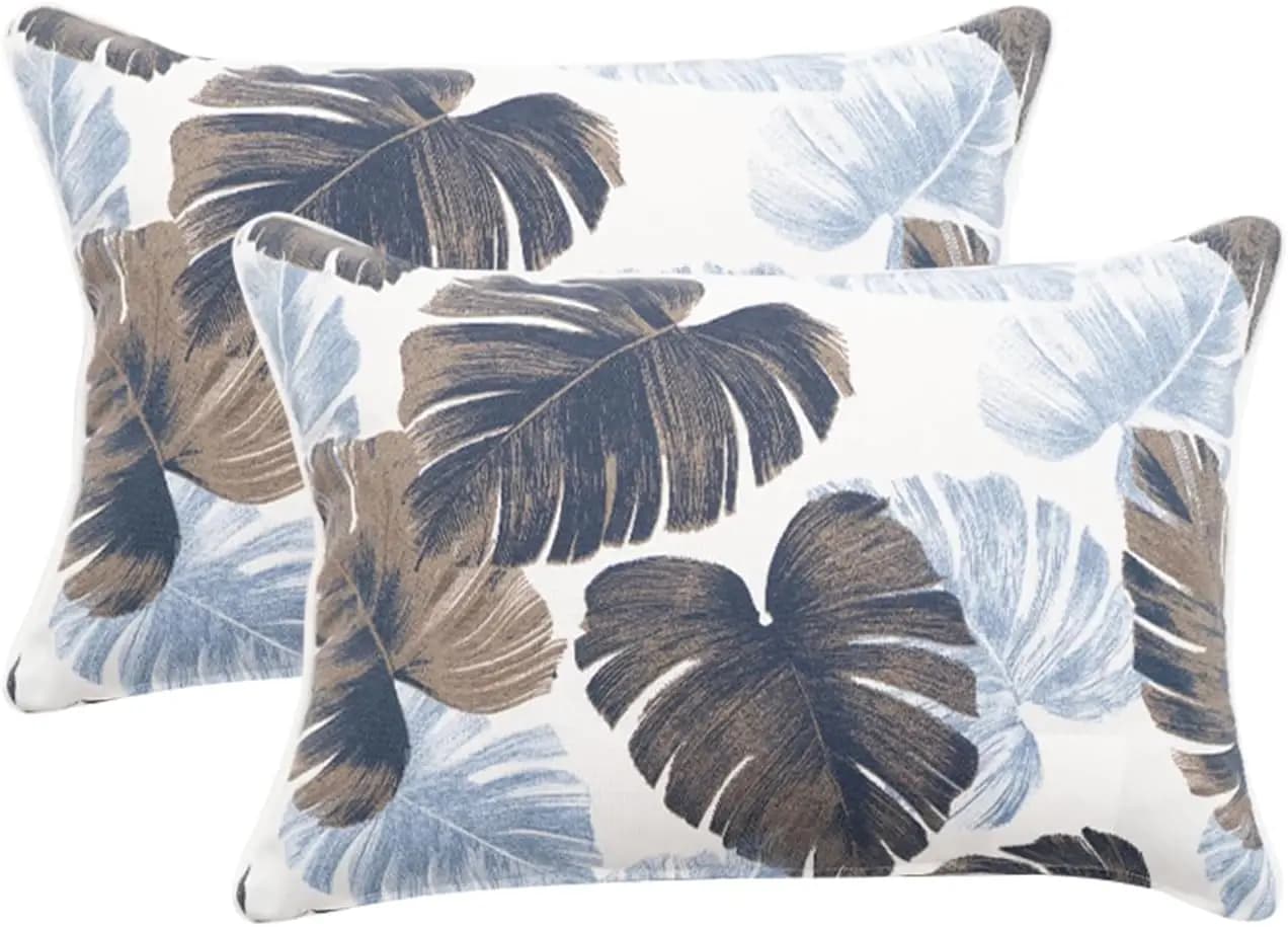 Confezione da 2 cuscini decorativi da esterno 21x15 pollici, cuscini decorativi con foglie blu resistenti all'acqua con inserto per patio, giardino, portico
