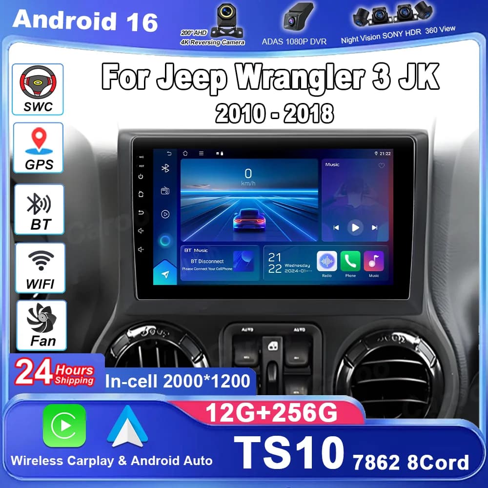 Autoradio Android 16 for Jeep Wrangler 3 JK 2010-2018, Multimedia player with GPS, Navigation, Carplay, QLED Screen
