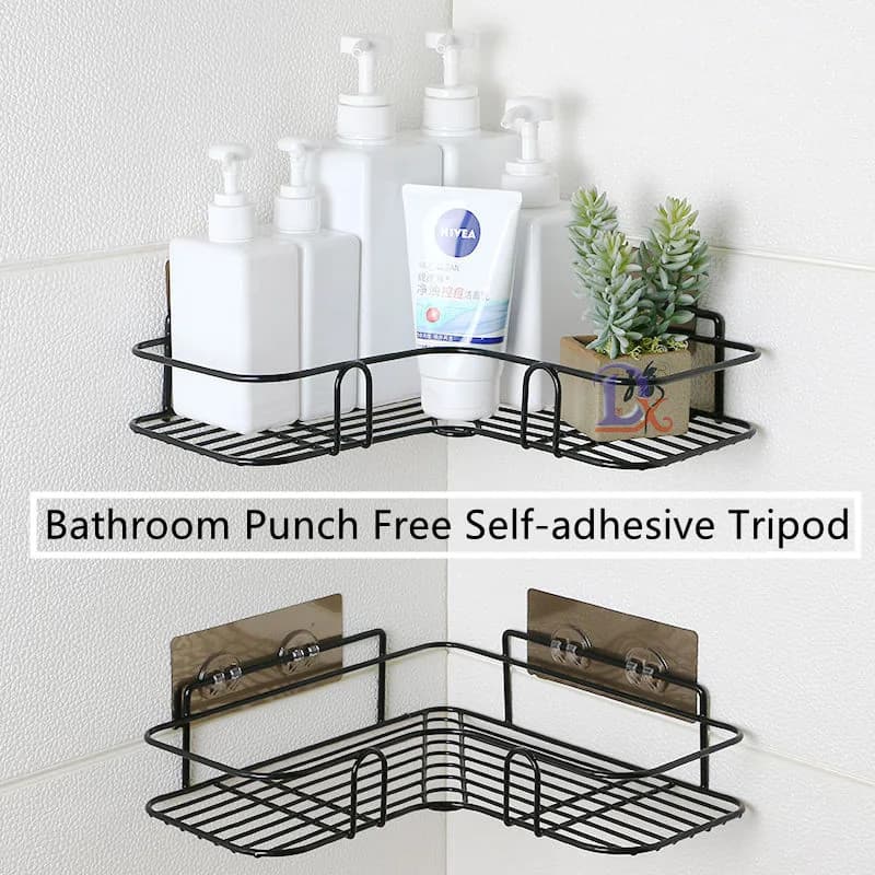 Wrought-Iron Bathroom Shelf Corner Non-Perforated Storage Rack Toilet Wash Rack Kitchen Self-Adhesive Tripod With 2 Hooks