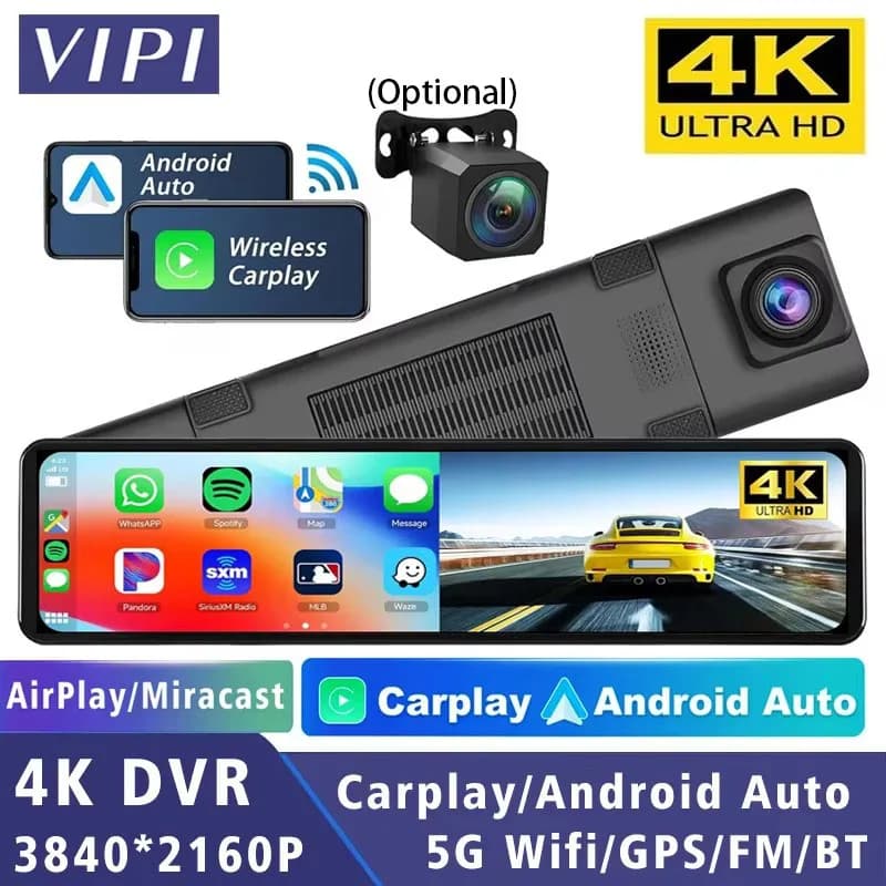 11.26" 4K Car Dvr Carplay Android Auto 2160P Dash Cam Stream Rear View Mirror Dashcam Dvrs Camera GPS WIFI BT FM Drive Recorder