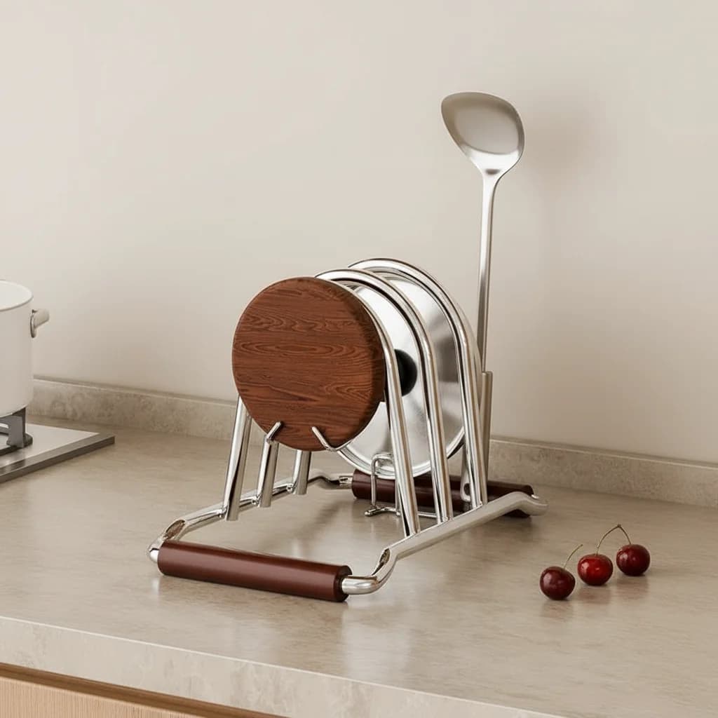 Organizzatore da cucina in acciaio inossidabile con cuscinetti antiscivolo per taglieri, coperchi per pentole e utensili da cucina