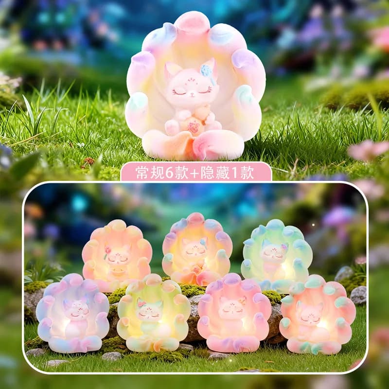 Night Light Kawaii in Fox Shape in Nine Code, Blind Box with 6 Regular Figurine + 1 Collection Hidden Figurine, Desk Bright Decoration, Ideal Gift for Children