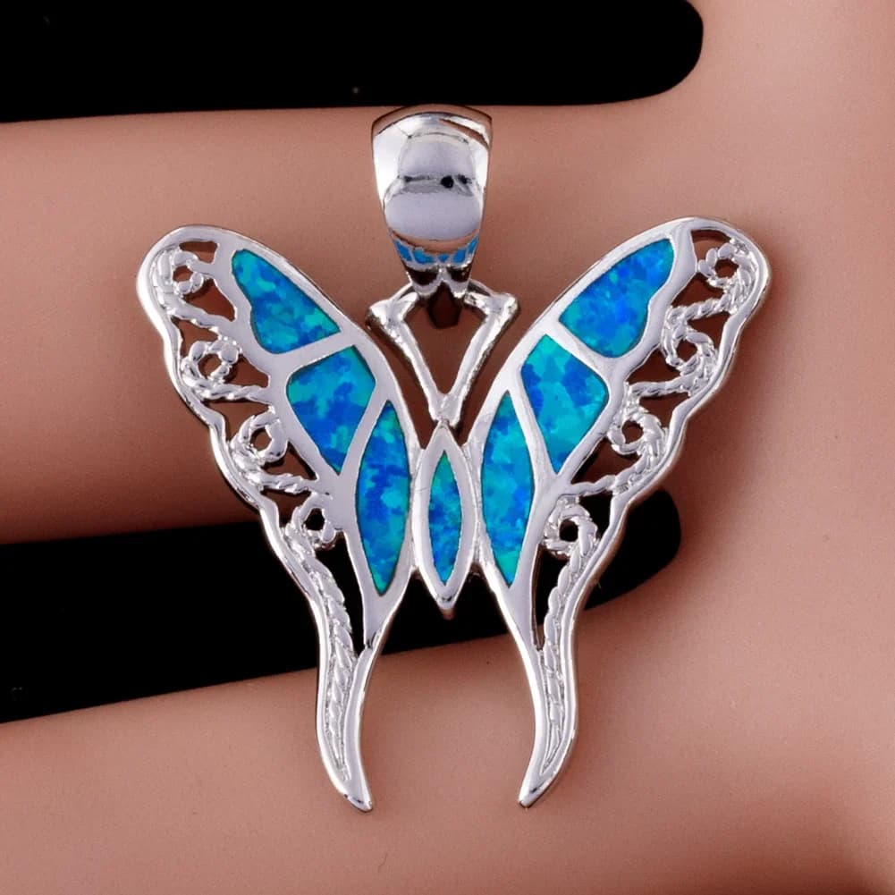 SUNRAINBOW Farfalla cava Oceano Blu Opale di fuoco Gioielli placcati in argento per donna Ciondolo per collana