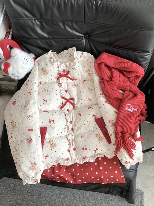 Sweet College Style Cotton Jacket with Polka Dot Print Button Lace Warm All-Match Soft Bread Style Coat for Women