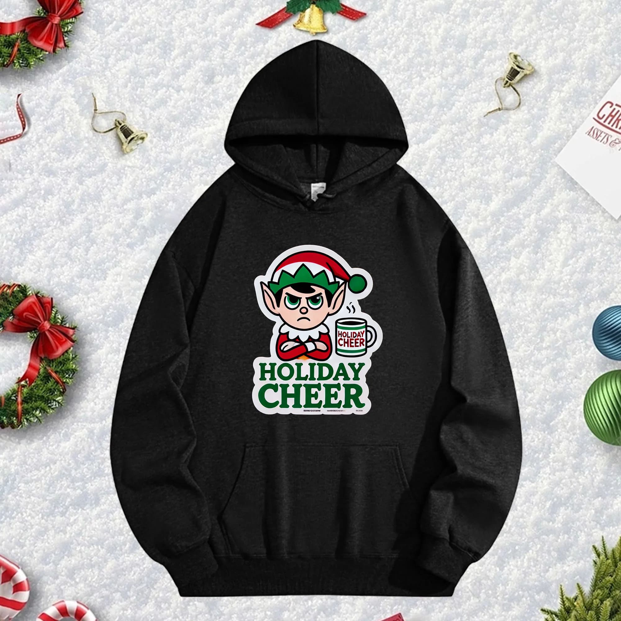 Coliday Cheer 270G Black hoodie for men and women, comfortable oversize fleece pullover for autumn/winter Christmas