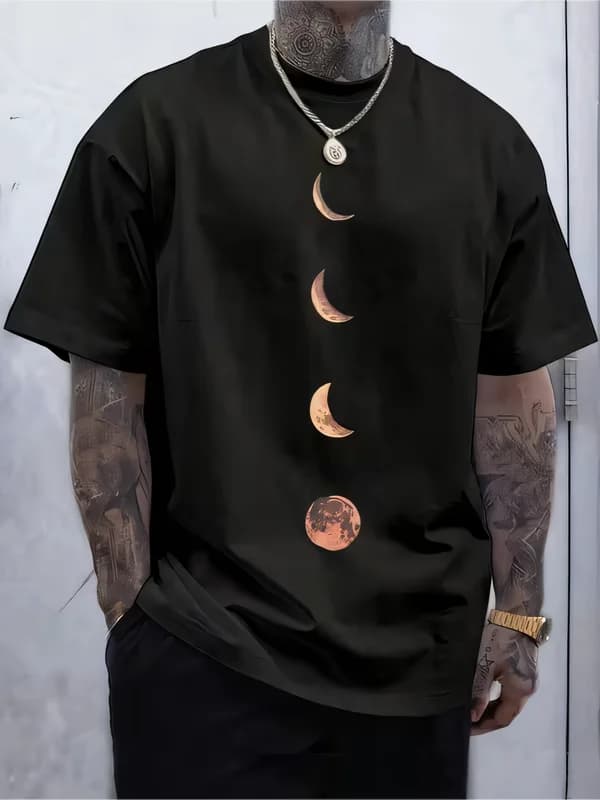 Celestial Moon Phases Print Black Short Sleeve T-Shirt for Men Women | Streetwear Graphic Tee with Retro Cosmic Design | Cotton Blend Hip Hop Top