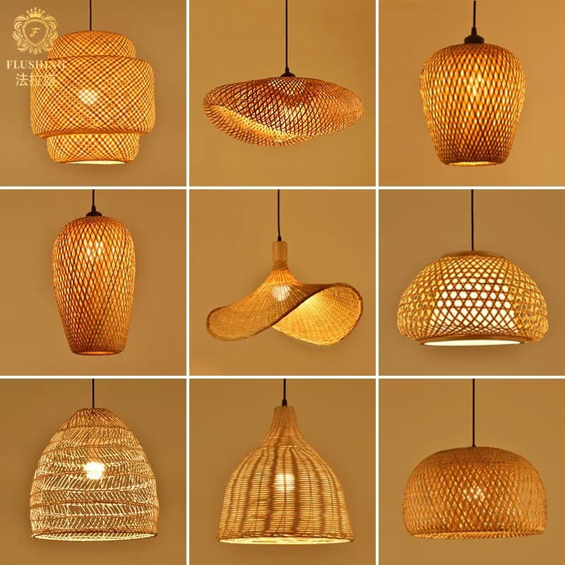 La più recente lampada a sospensione in bambù plafoniere in rattan vimini lucentezza intrecciatura lavorata a mano sospesa casa da pranzo intrecciata arredamento per interni caldo