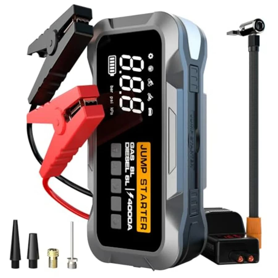 Avviatore d'emergenza per auto 4000A con compressore d'aria 150PSI per gonfiaggio pneumatici — Booster batteria portatile 12V 20000mAh — Emergenza