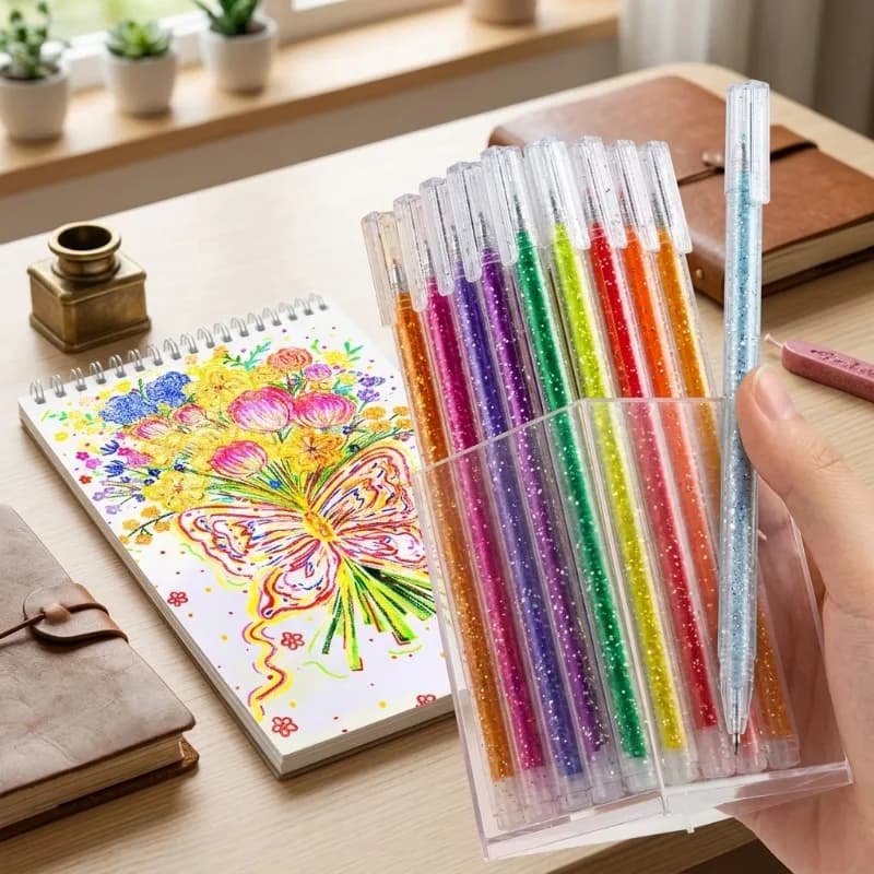 Set di 48 Penne Gel Glitterate Professionali per Disegno, Cancelleria per Scuola e Ufficio con Ricariche e Portapenne, Forniture Artistiche
