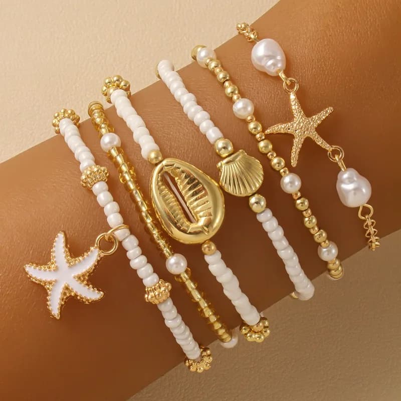 Summer Fashion Casual Starfish Bracelet Women's Set Vacation Ocean Style Shell Bracelet Suitable for Women's Jewelry
