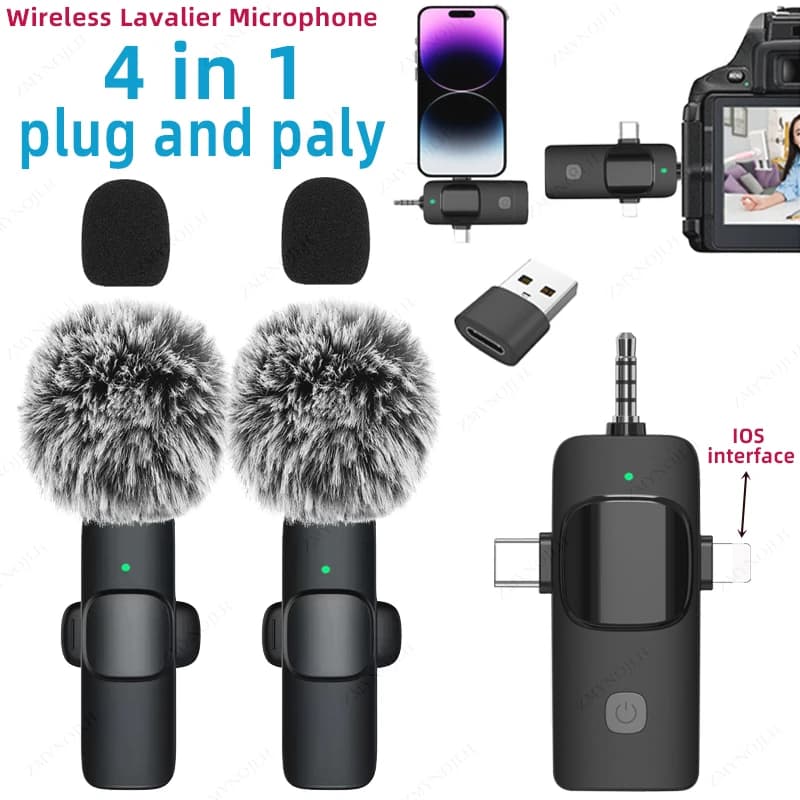 Microfono Lavalier wireless 4 in 1 da 3,5 mm con riduzione intelligente del rumore per iPhone, Android, fotocamere SLR, altoparlanti e radio.