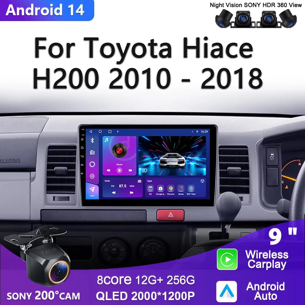 Android 14 Lettore multimediale per auto DVD per Toyota Hiace H200 2010 - 2018 Auto Radio Navigazione GPS Carplay Stereo Radio Multimediale