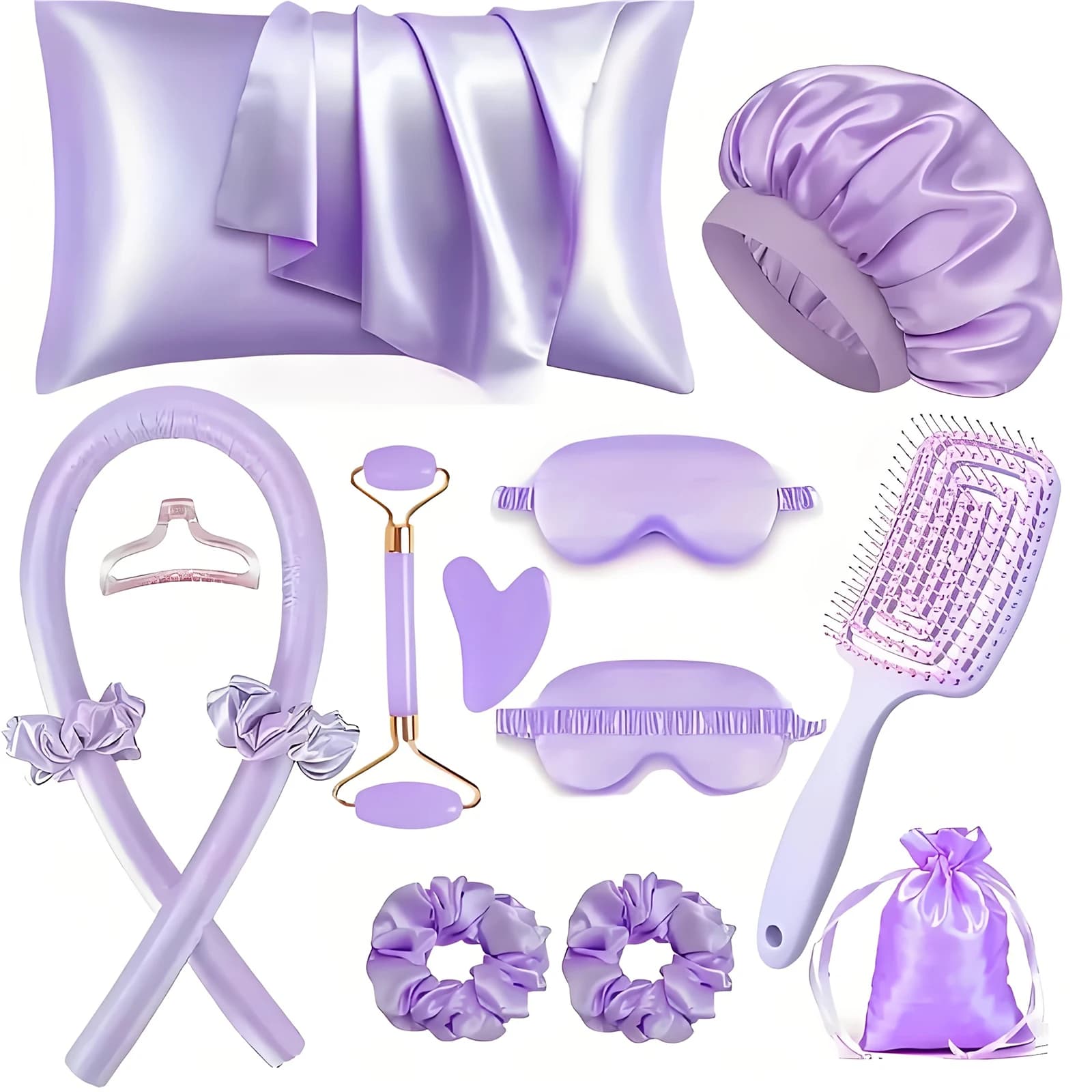 Set of 13 pieces of new collection: Silk night hat and mask for women's eyes, synthetic silk curling kit without heat for home use, for easy and fast curling.