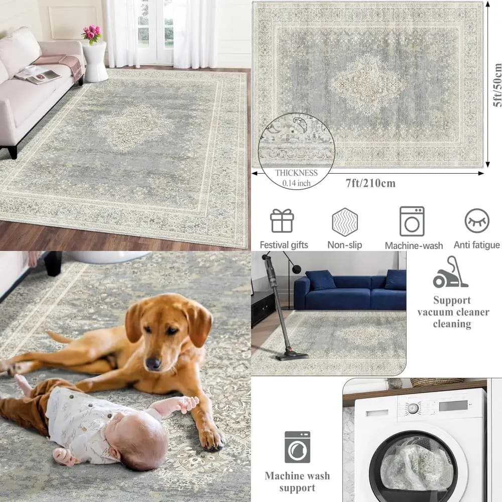 Boho Chic 5x7 Carpets for Indoors, Anti-slip Carpets for Home, Admissions, Bedroom, Dining Room in Beige and Grey