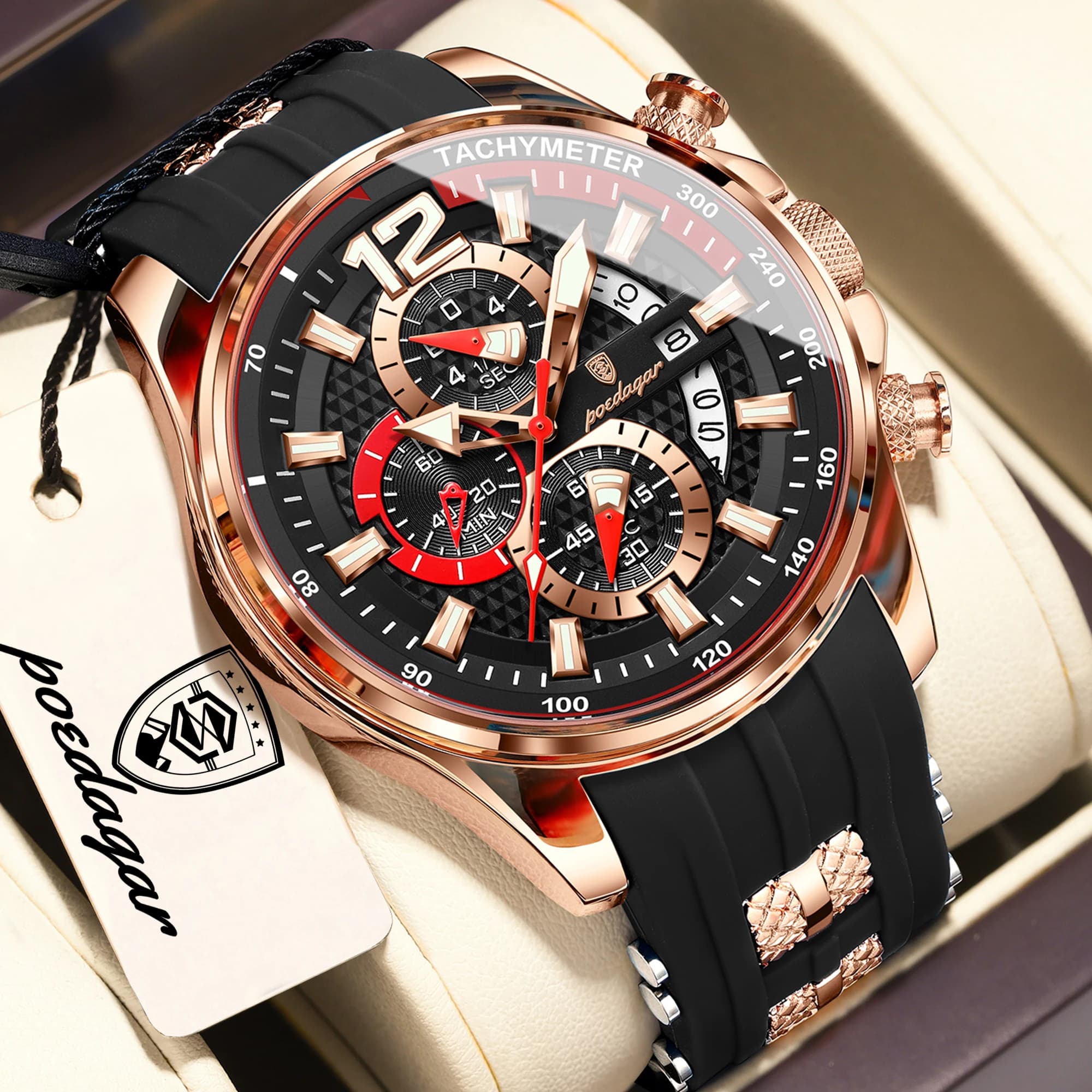 POEDAGAR Orologio da Polso da Uomo alla Moda con Data, Cronografo, Luminoso, Impermeabile, Sportivo, in Silicone, Casual, al Quarzo