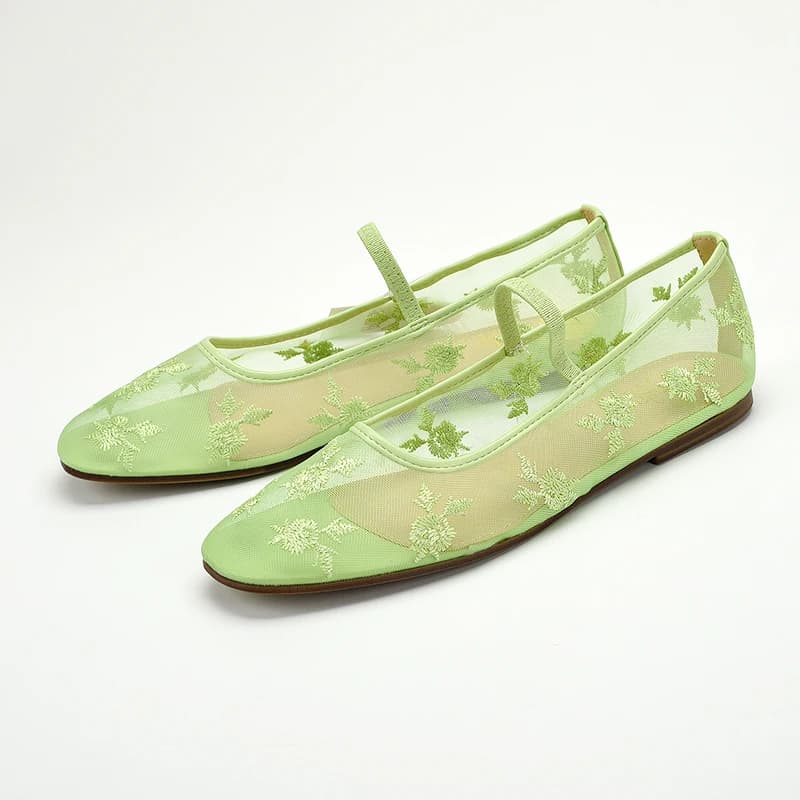Ballerine verdi in rete ricamata per donna Punta quadrata Fascia elastica Slip on Mary Janes Scarpe Mocassini estivi morbidi casual da donna