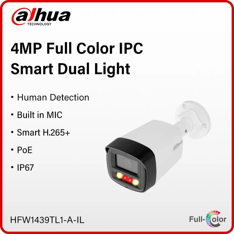 Dahua 4MP Full Color Bullet Camera Smart Dual Light With Warm Light IR Light Human Detection 2K IP Security CCTV HFW1439TL1-A-IL