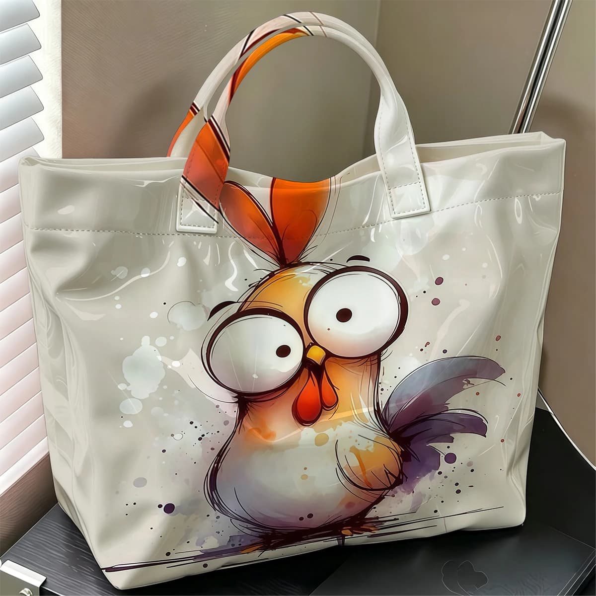 Cartoon Chicken Fashion Large Glossy PVC Tote Bag Hand Washable Waterproof Perfect Travel Commute Cosmetic Storage Shopper