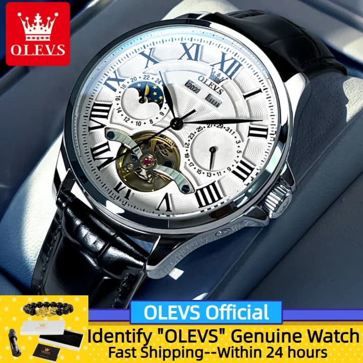 OLEVS 7013 Orologio automatico da uomo con fasi lunari Orologio da uomo di lusso impermeabile con data Orologio meccanico in acciaio inossidabile