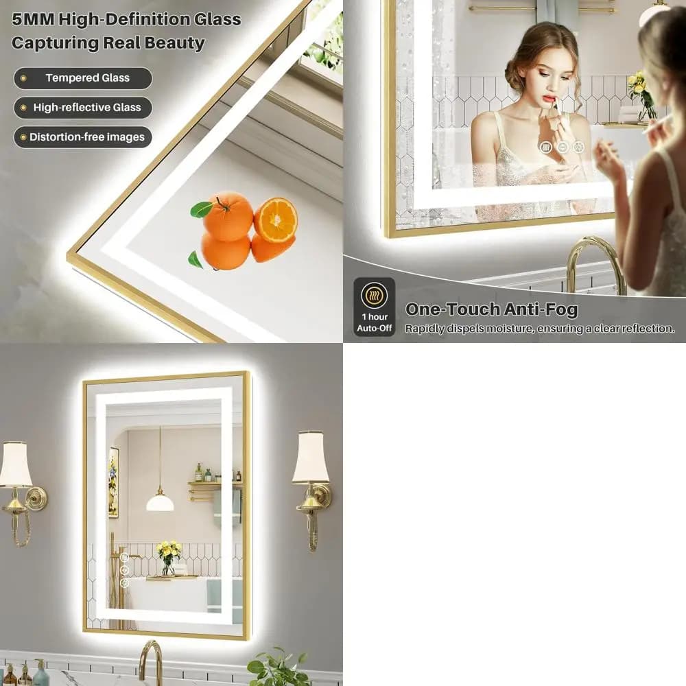 Specchio da Bagno LED Retroilluminato Oro, 24x36 Pollici, Illuminazione Frontale e Posteriore, Antiappannamento, Funzione Memoria, Dimmerabile, Vetro Temperato HD, Infrangibile