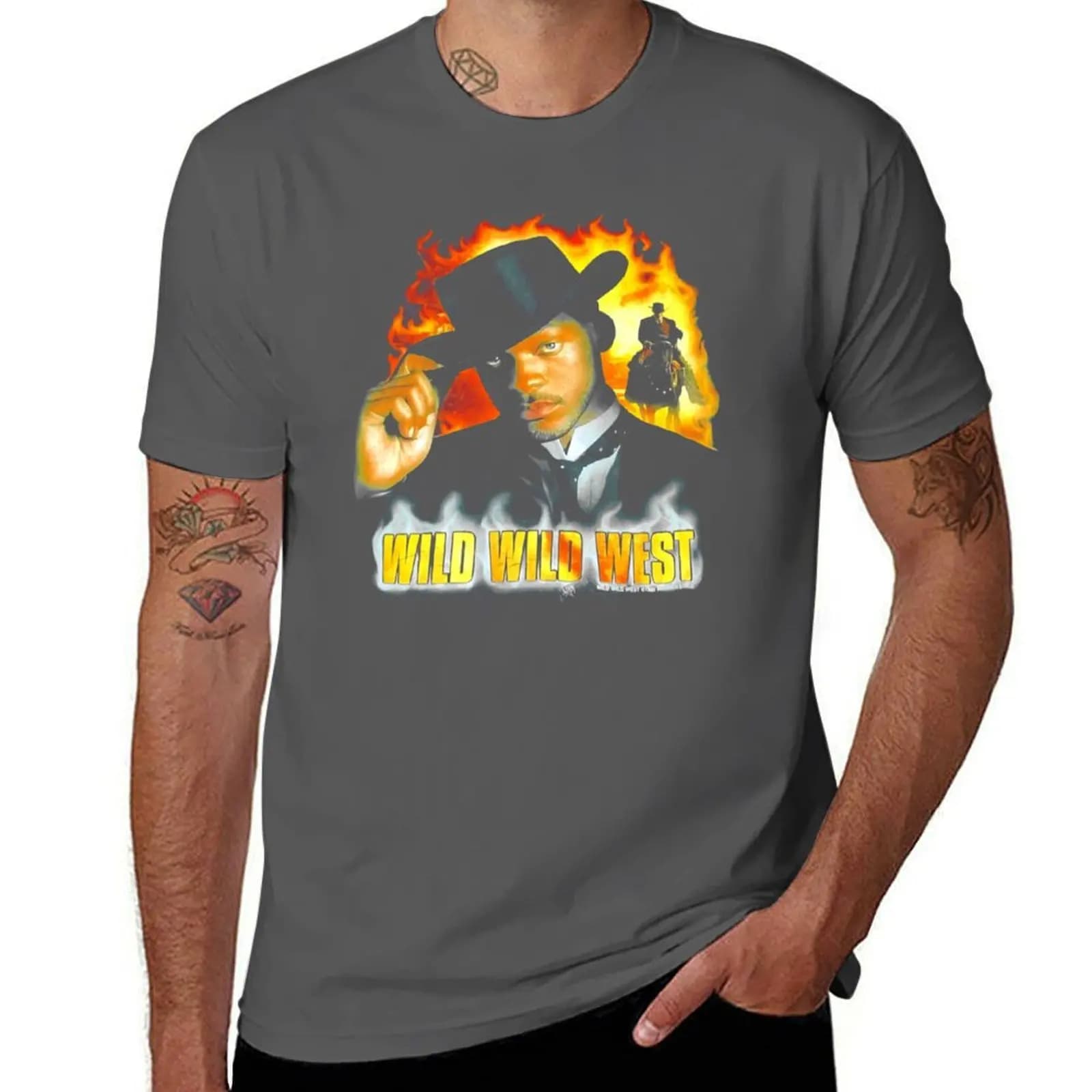 T-shirt vintage del 1999 Wild Wild West con Will Smith in ruolo di James West, classico cult degli anni '90 + cultura pop Y2K, moderna steampunk, western action.