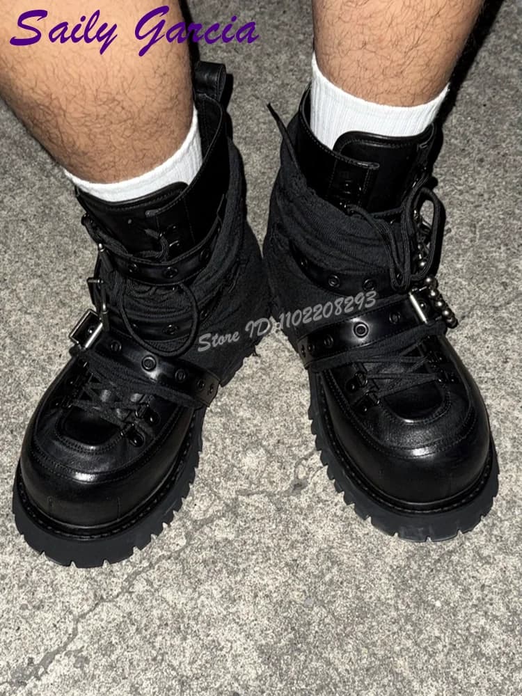 Dark Black Boots with Metal Chain Strap Round Toe Straps Cool punk ankle boots Platform High shoes with raised strap