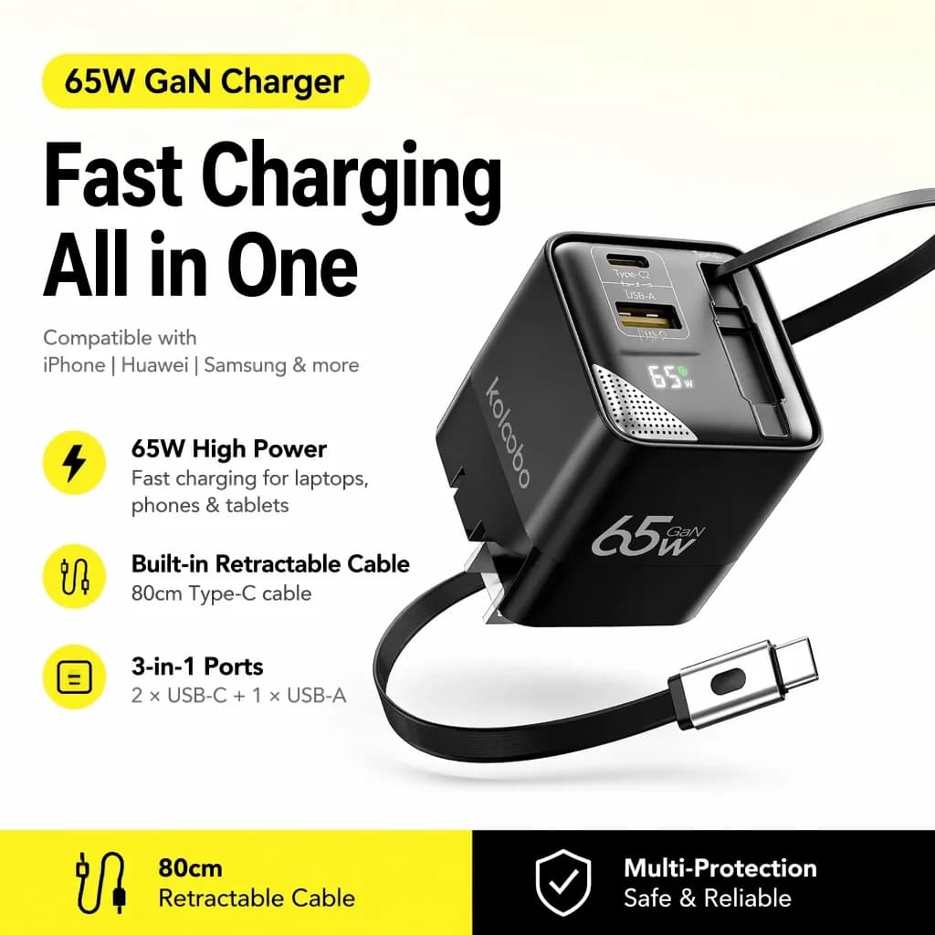 Caricabatterie rapido con testina di ricarica USB-C da 65 W con cavo TypeC integrato da 80 cm adatto per iPhone16 15 Promax PD 40 W 27 W Xiaomi Samsung