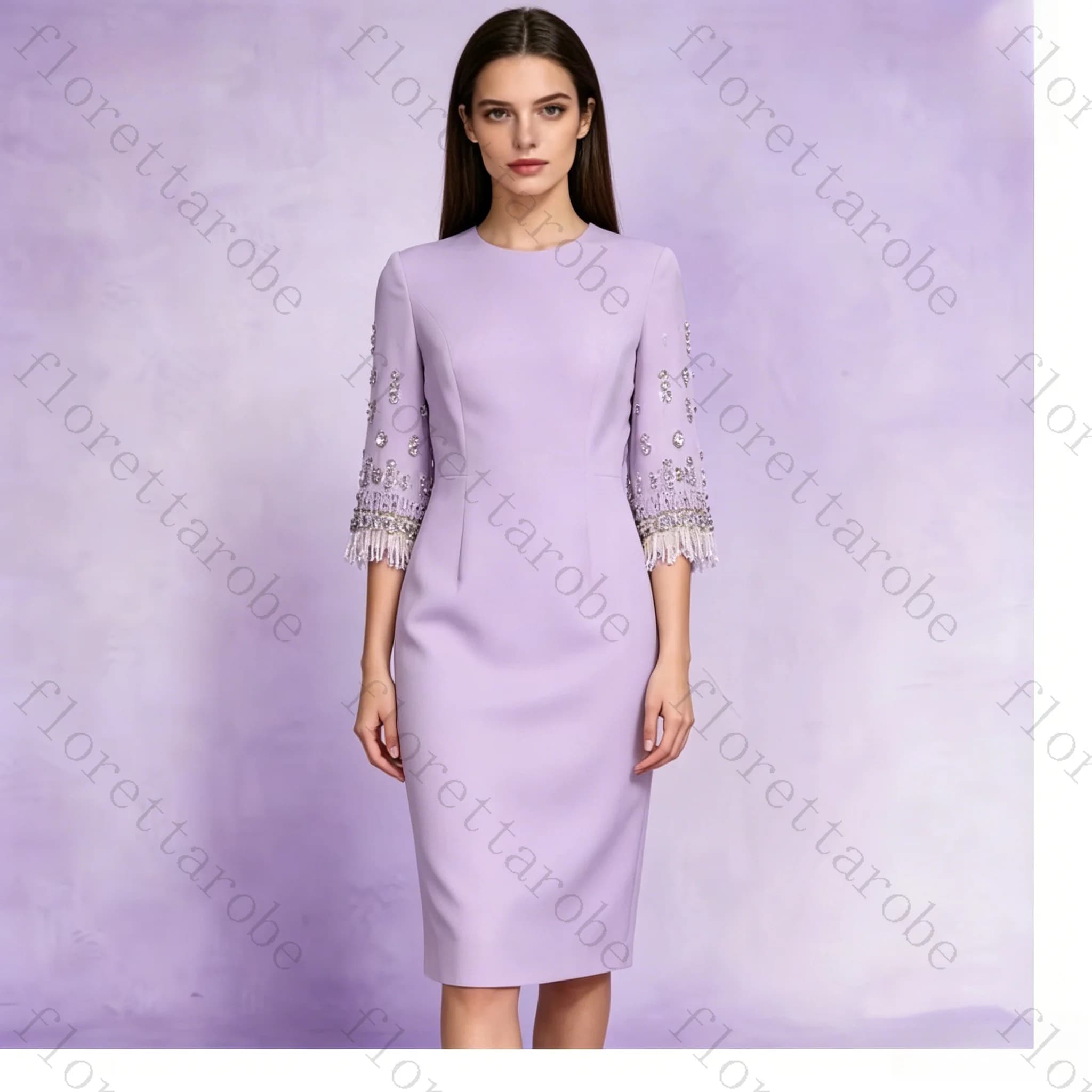 Customized Lavender Satin Midi Dress for Women Elegant O Neck Half Sleeve Sheath Dress with Crystal Embellished Sleeves for Prom