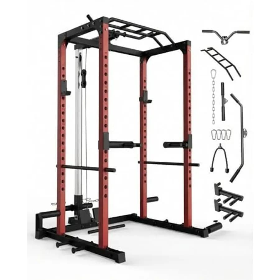 Power Cage 1200LBS for Squat and Strength Training, with Pulley System, Lat Pulldown, Dip Bar, Traction Bar, Low Row and Landmine