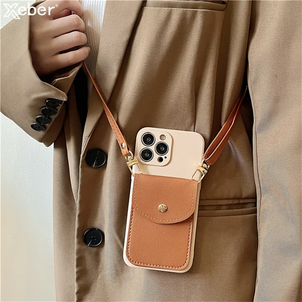 Custodia con cordino per collana porta carte in pelle a tracolla per iPhone 17 16 15 14 Pro Max 11 12 13 XR 7 Plus Cover morbida in silicone