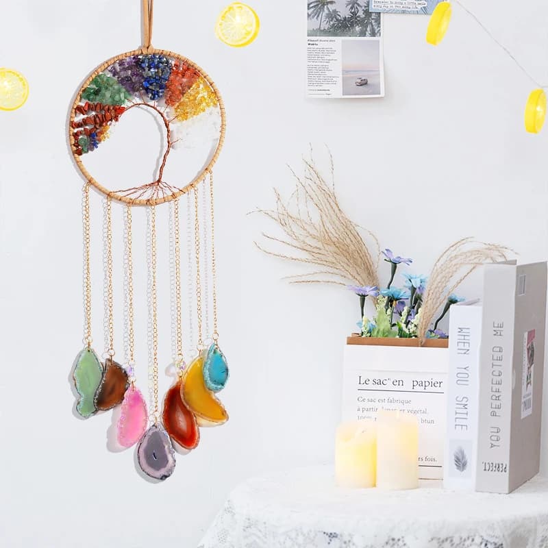 Tree of Life 7 Chakra Stone Dream Catcher Healing Crystal Gift, Room Decoration for Women Hanging Curtains Car