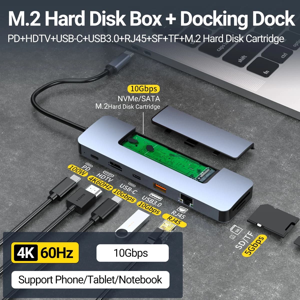 Hub USB C 8 in 1 con custodia per SSD M2, adattatore per enclosure SSD M.2 NVMe SATA, docking station da tipo C a HDMI 4K per MacBook e laptop