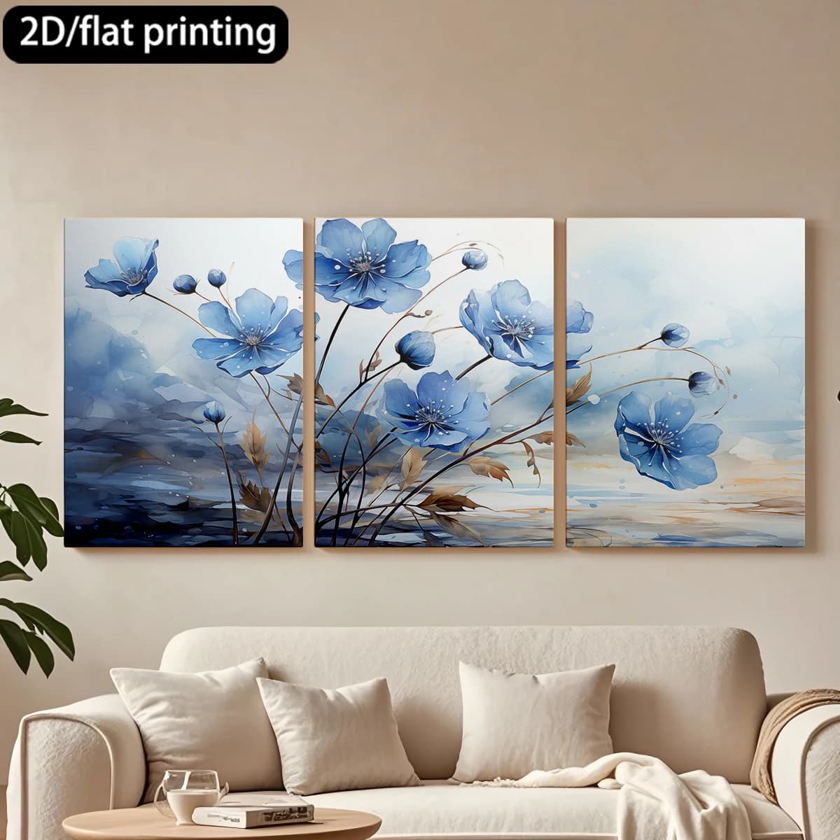 Decorative painting on canvas with wooden frame, 3 pieces. Blue flowers, blue watercolor. Tende per camera da letto ikea.