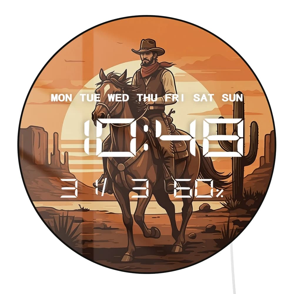 Orologio da Parete Digitale LED con Tema Cowboy a Cavallo, Display con Timer, Data e Temperatura, Decorazione Western con Cactus e Tramonto