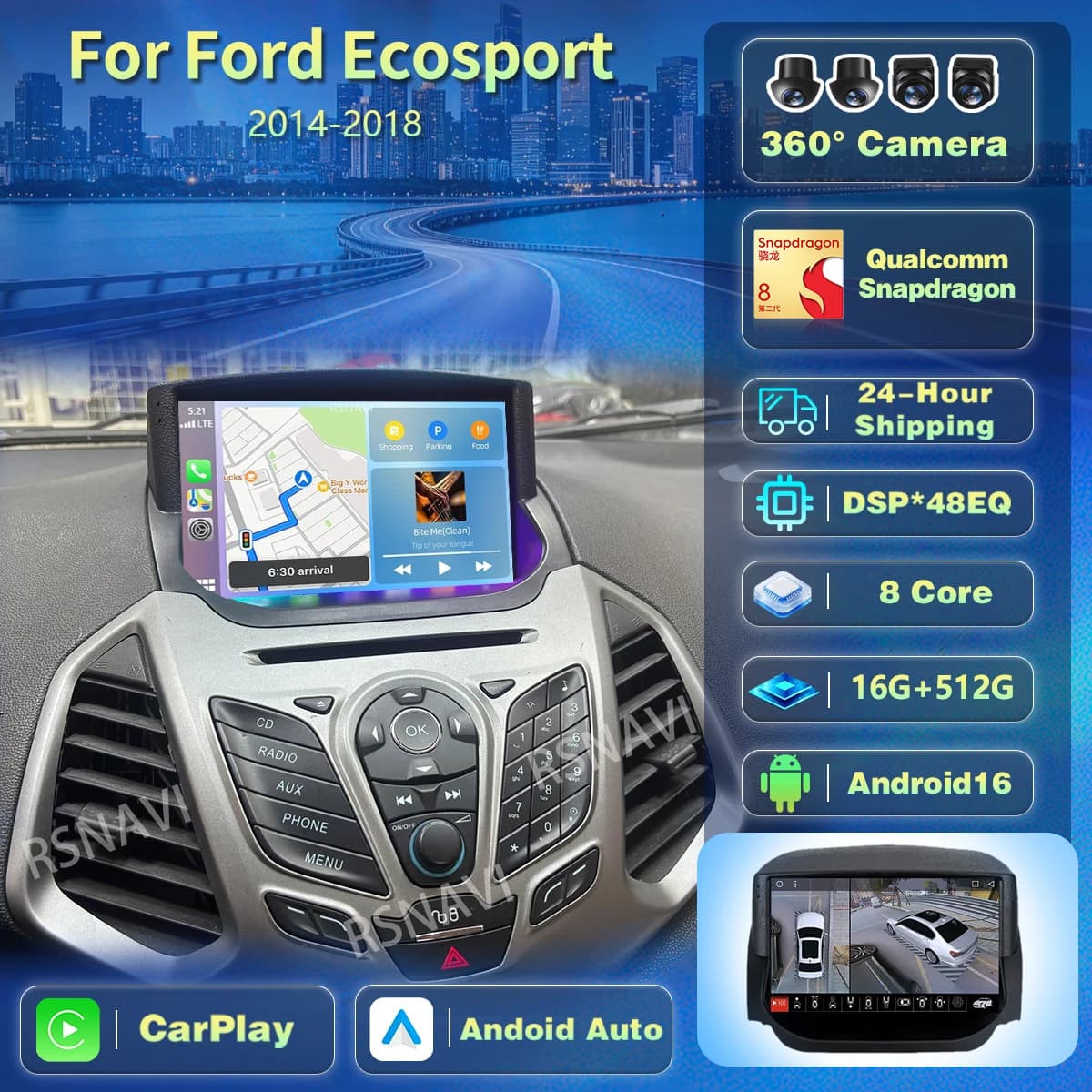 Autoradio Qualcomm Android 16 con Schermo 2K, Carplay, Lettore Multimediale per Ford Ecosport 2013-2017, DSP, Stereo GPS 4G