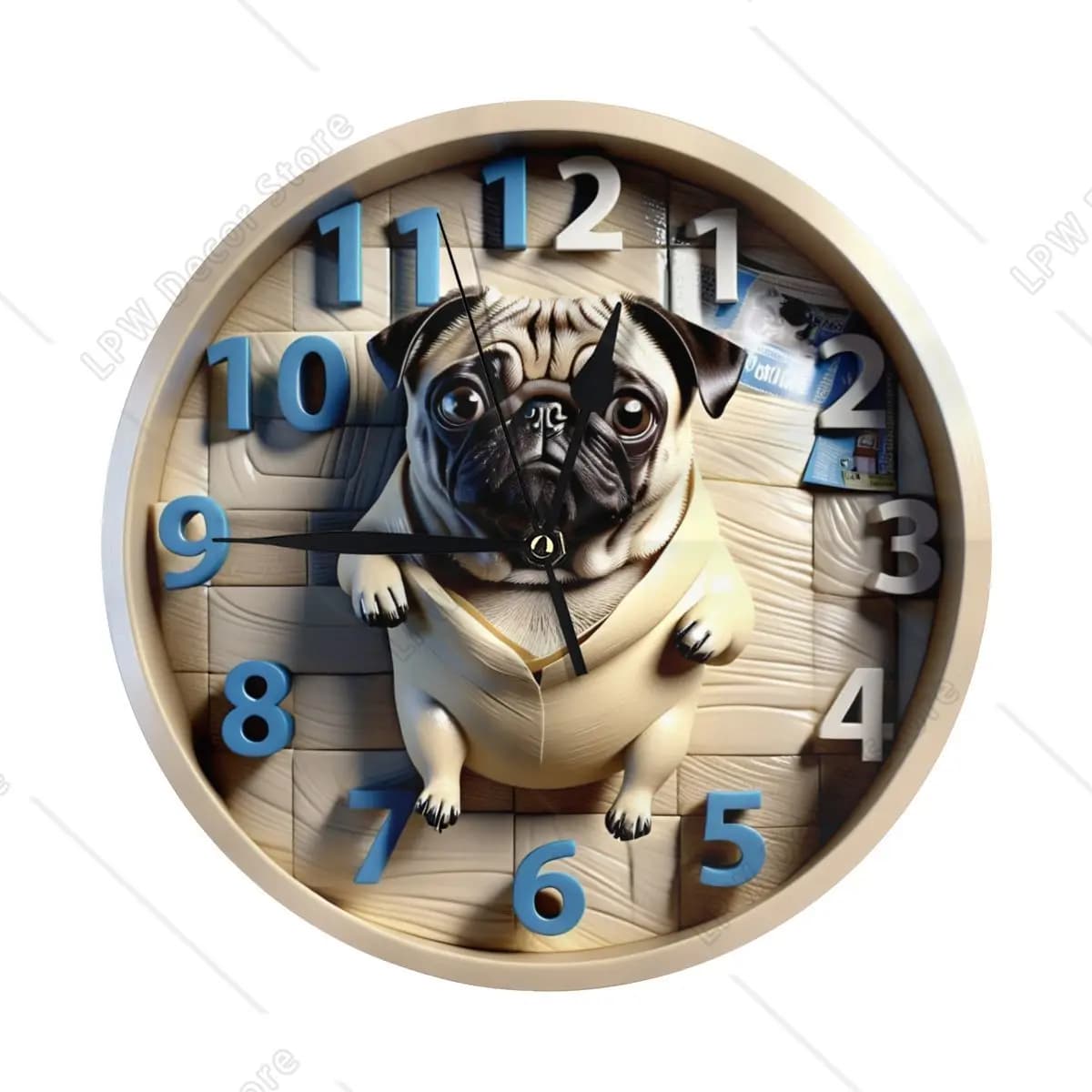 Funny round wall clock with bulldog print, silent PVC wall clock without ticking, for office, kitchen, living room, bedroom