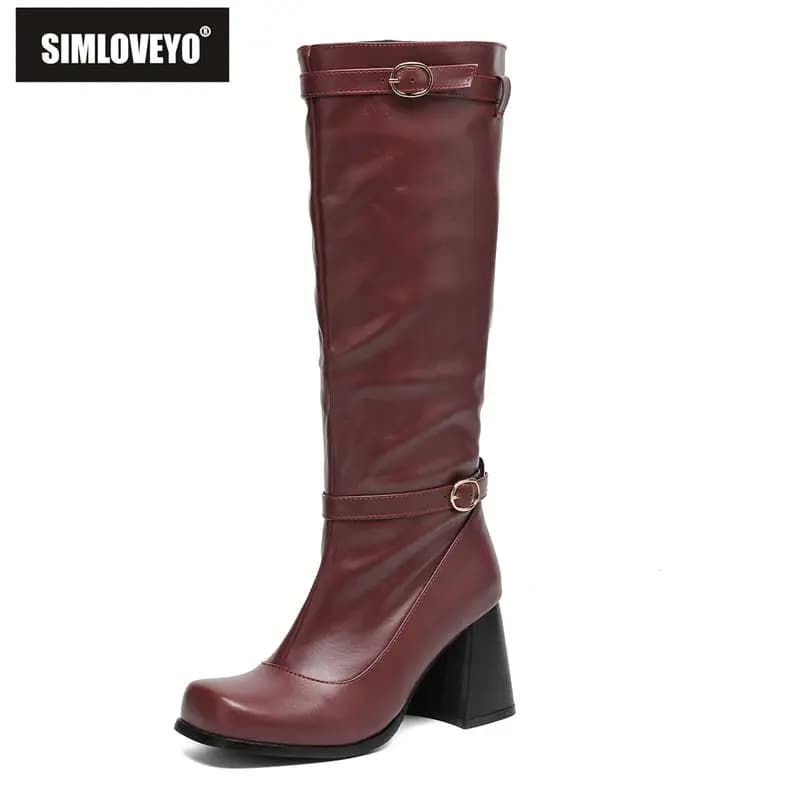 SIMLOVEYO Stivali al ginocchio bianchi da donna con punta quadrata, tacco grosso da 8 cm, slip-on con fibbia, sexy, per appuntamenti, taglie forti 45 46 47 48