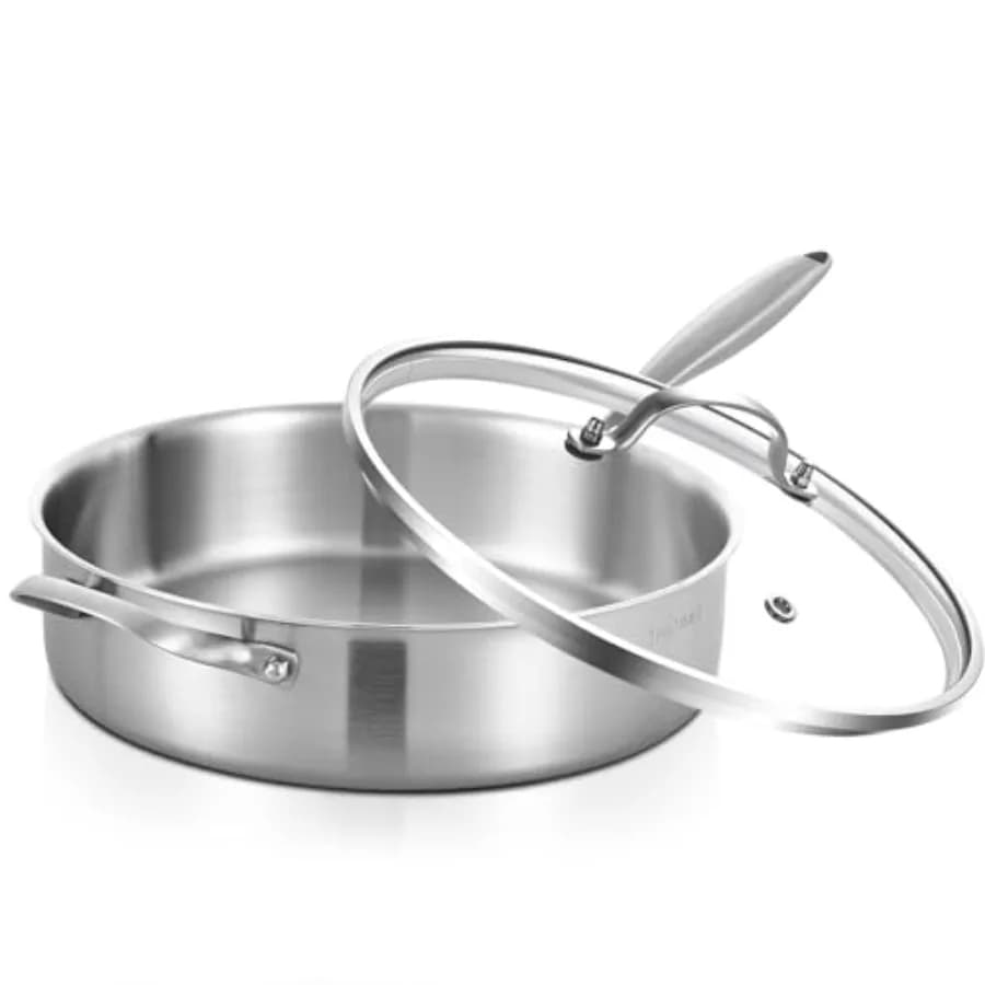 Padella Profonda in Acciaio Inox da 5 Quarti con Coperchio, 12 Pollici, Tri-Ply, Professionale, Non Rivestita, Compatibile con Induzione