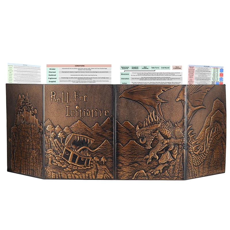 Schermo DND Dungeon Master in ecopelle goffrata Dragon & Mimic, quattro pannelli con tasche Schermo DM per Dungeons and Dragon