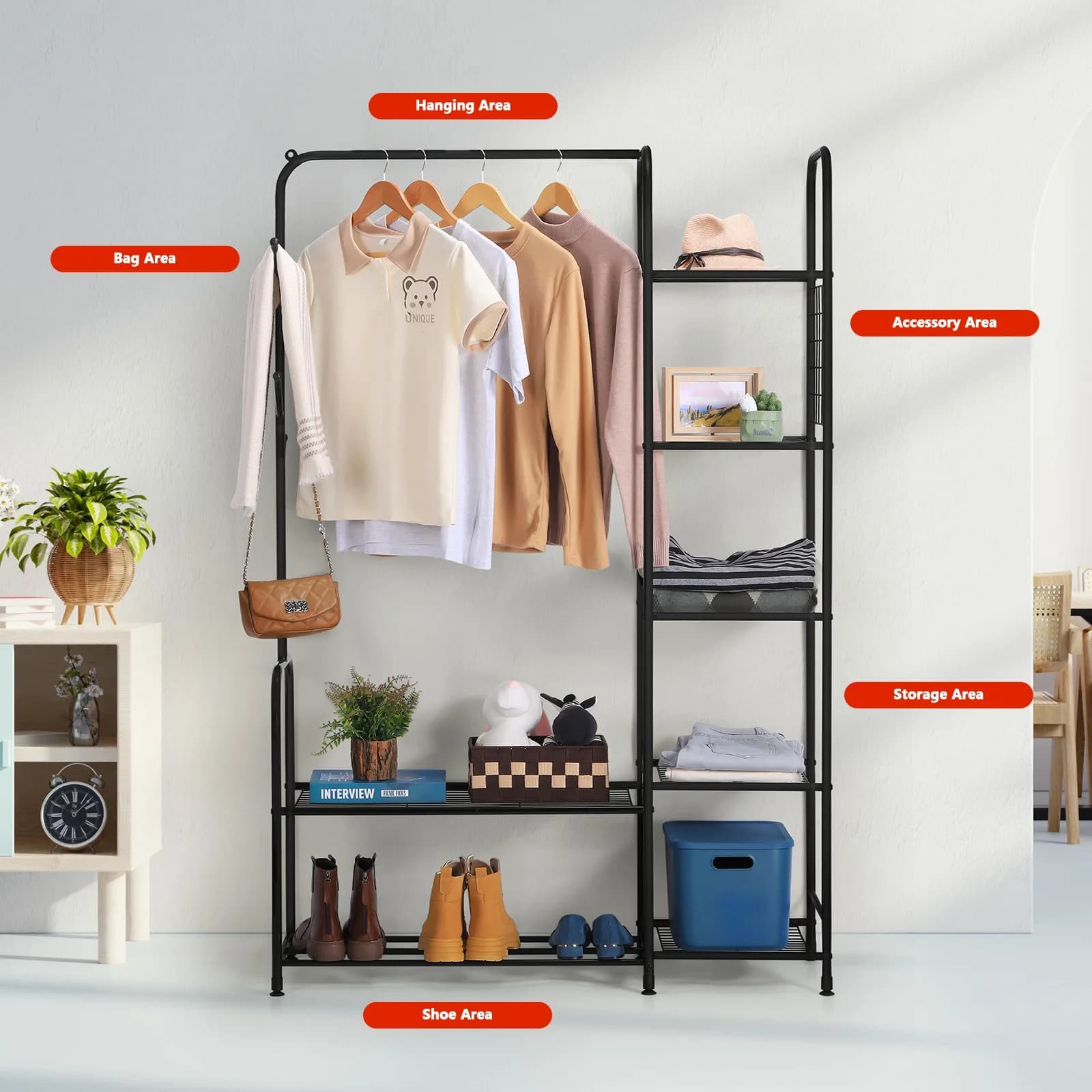 Clothes rack with shoe rack, hangers with clothes rack, entrance hall, bedroom, laundry room, clothes rack