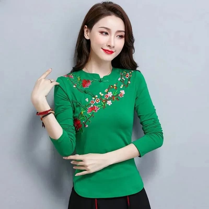 Traditional Chinese Blouse Shirt Tops Women's Mandarin Collar Silk Blend Premium Quality Fashionable Cultural Clothing