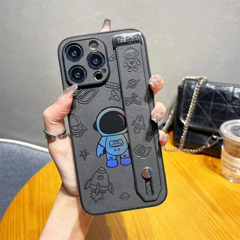 Luxury Laser Astronaut Wrist Strap Holder Leather Case for IPhone 15 14 13 12 Pro Max Plus 11 15Pro 14Pro i15 Cover Accessories