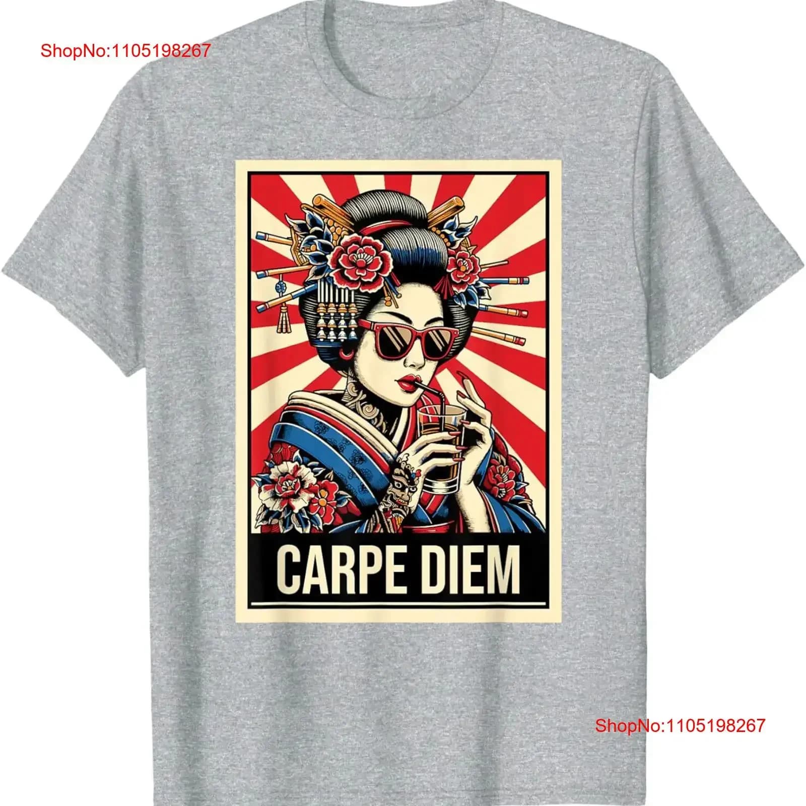 Geisha Sipping Drink in Sunglasses Carpe Diem Printing T Shirt Vintage Washed Comodo homme Unisex Slightly fashionable Soft