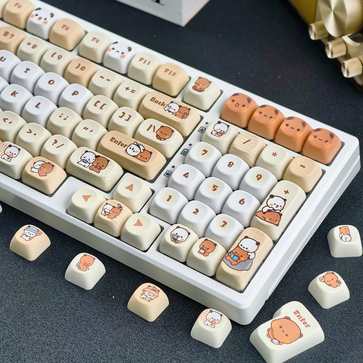 Keycaps Yier Bubu Dudu, Profile MOA Cherry, Bear Bruno and Panda Bianco Cartoon, Keycap Custom in PBT for Mechanical Keyboard
