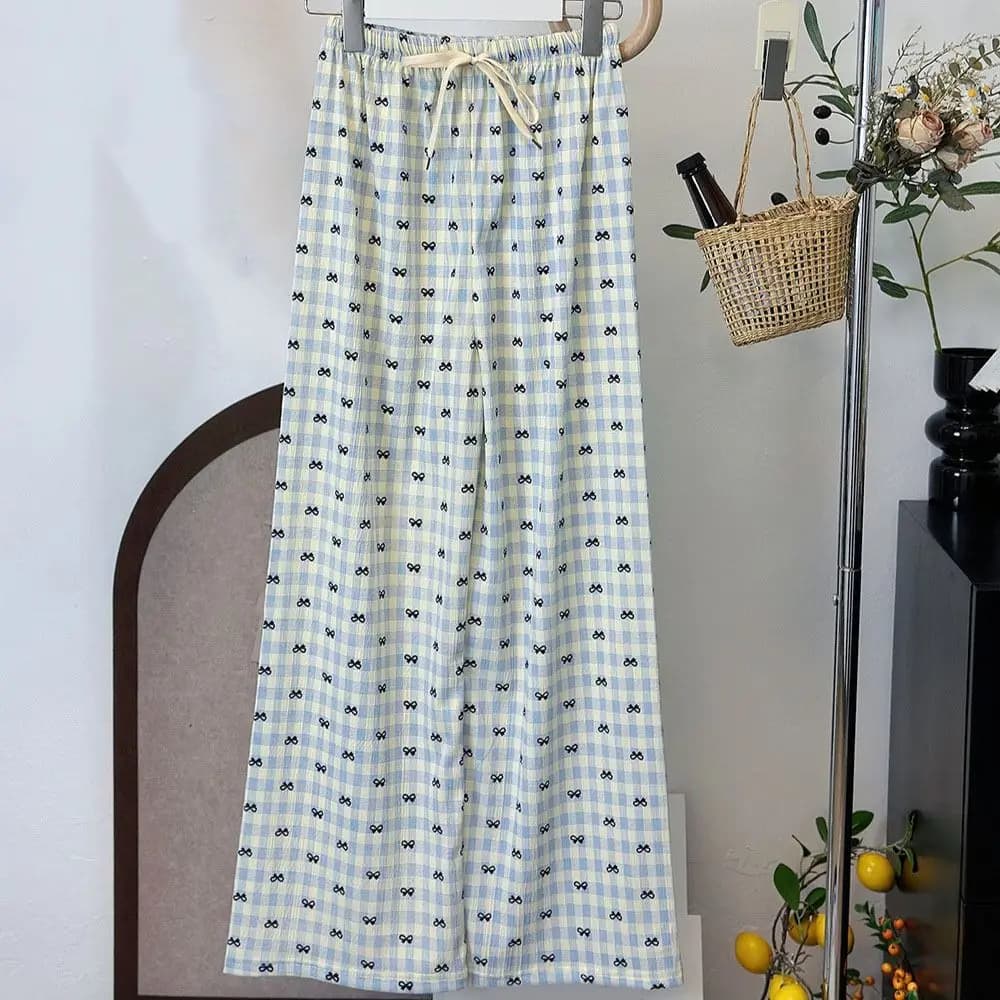 Pantaloni da pigiama comodi con fiocco scozzese a righe Pantaloni lunghi con griglia con fiocco dolce Abbigliamento per la casa Pantaloni casual sottili Primavera Autunno